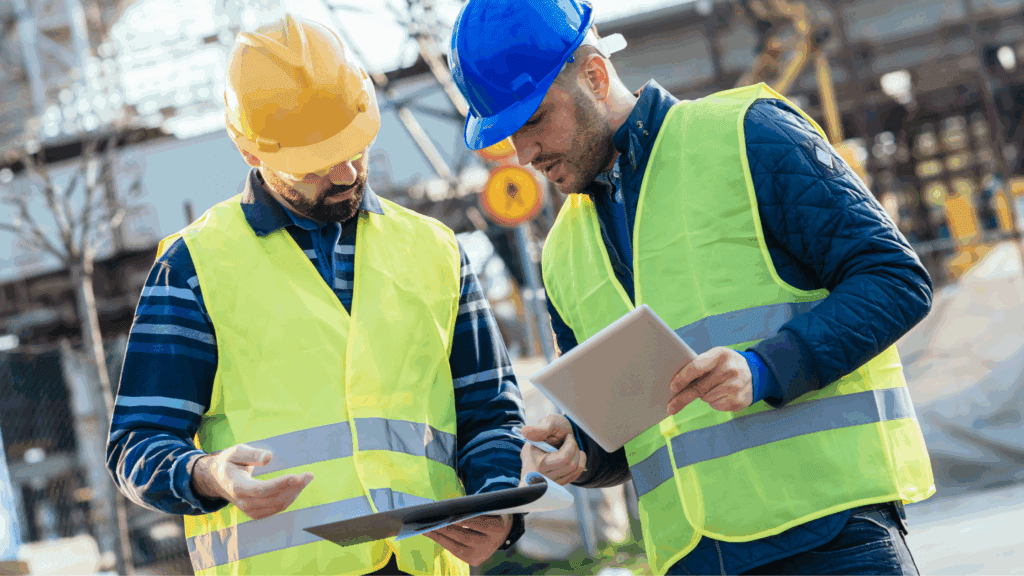 Construction expert and legal team reviewing forensic evidence and project documents for litigation support