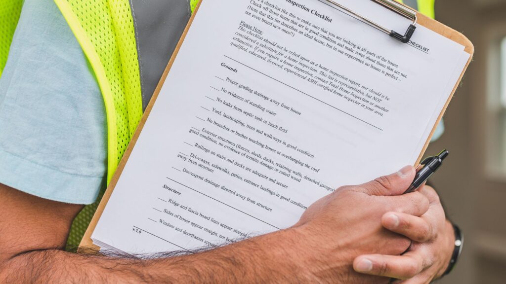 Warehouse expert conducting a safety inspection for legal compliance