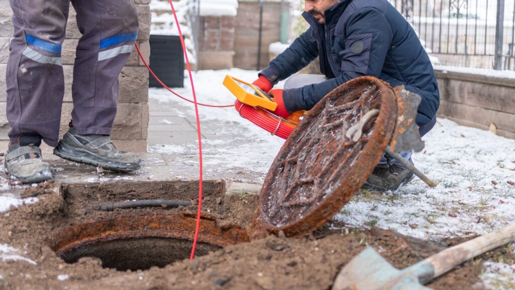 Technician inspecting trenchless construction vehicle components with digital diagnostic tools for equipment performance evaluation