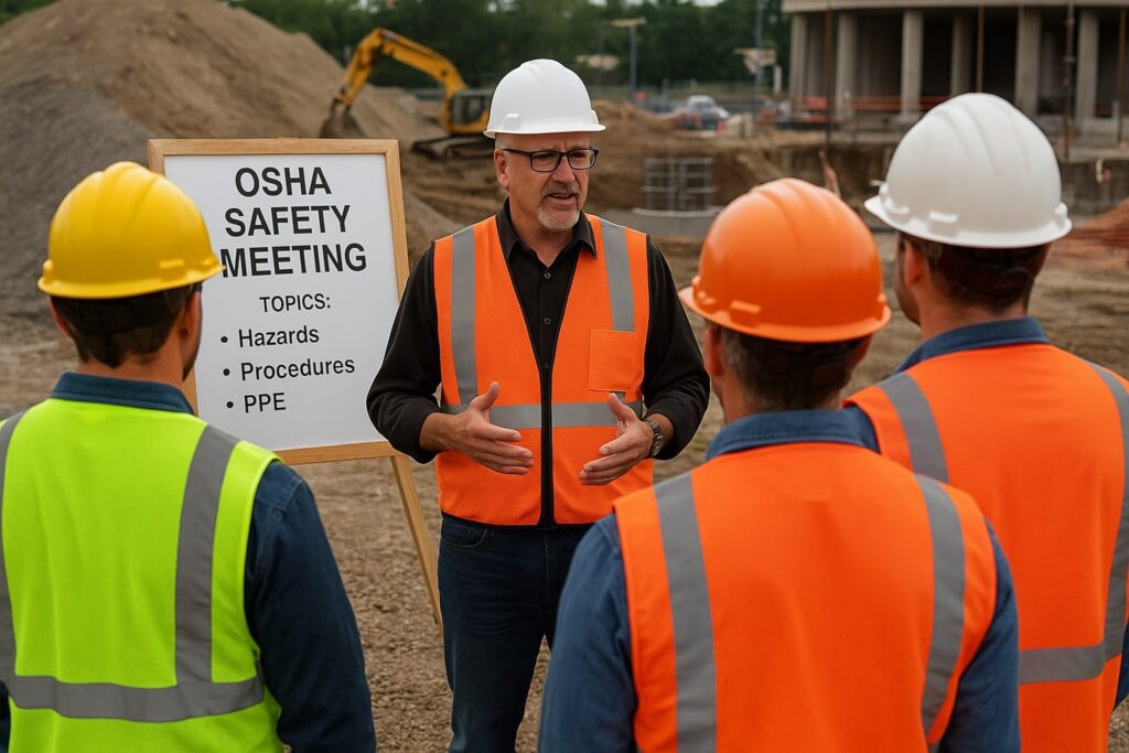 Workers attending OSHA safety training at a heavy construction site