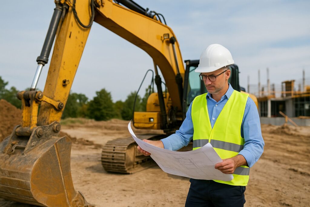 Competent person conducting heavy equipment site inspection for construction safety compliance.