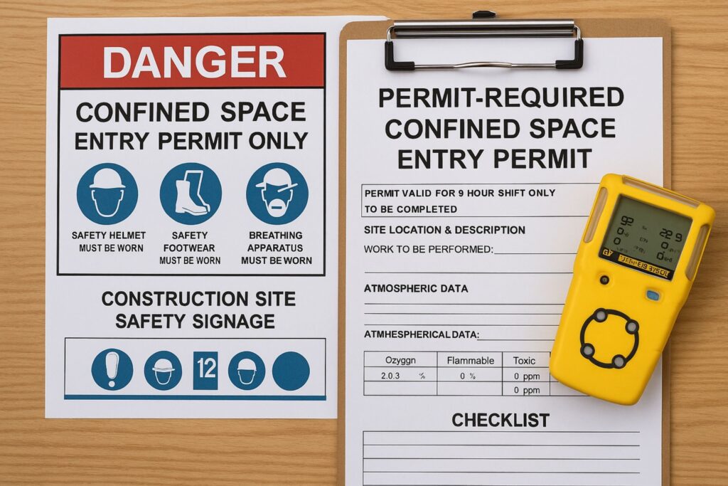 Permit-required confined space entry documentation and gas testing in a construction project.