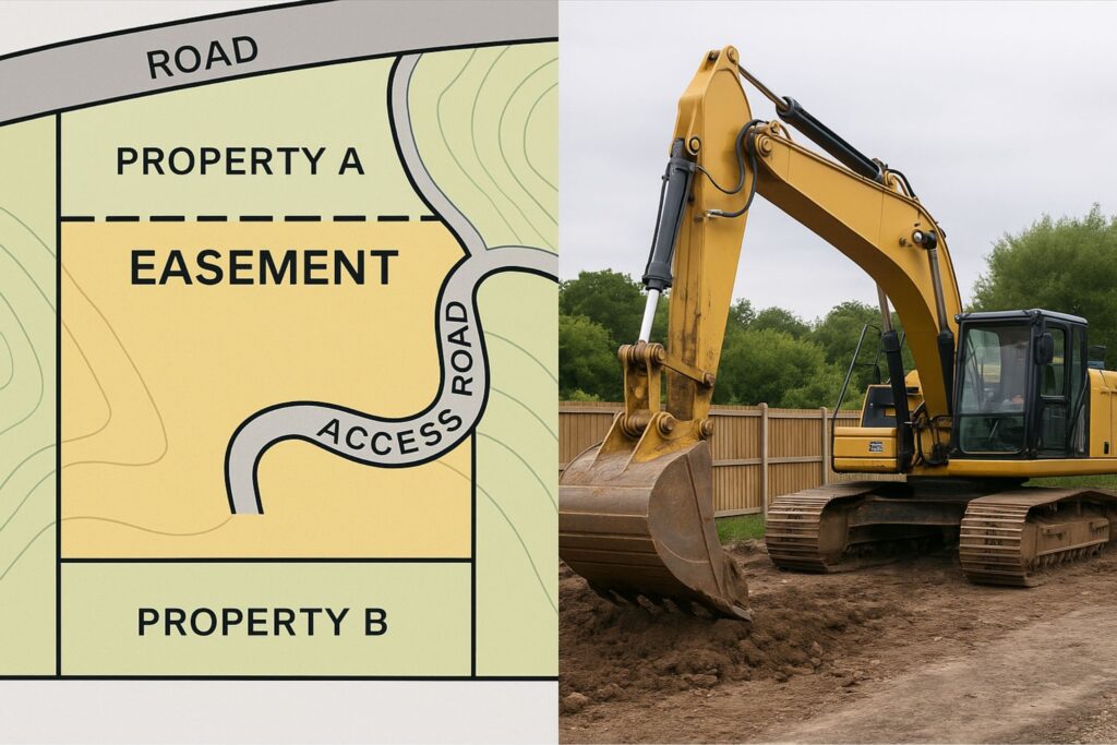 Construction easement boundary map showing heavy equipment access rights and expert analysis areas.
