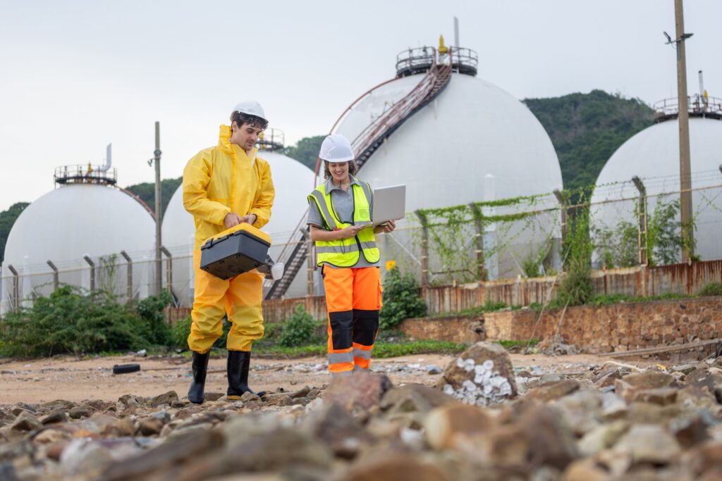 An engineer reviewing a worksite safety plan with a crew, showing traffic barriers and heavy equipment in the background.