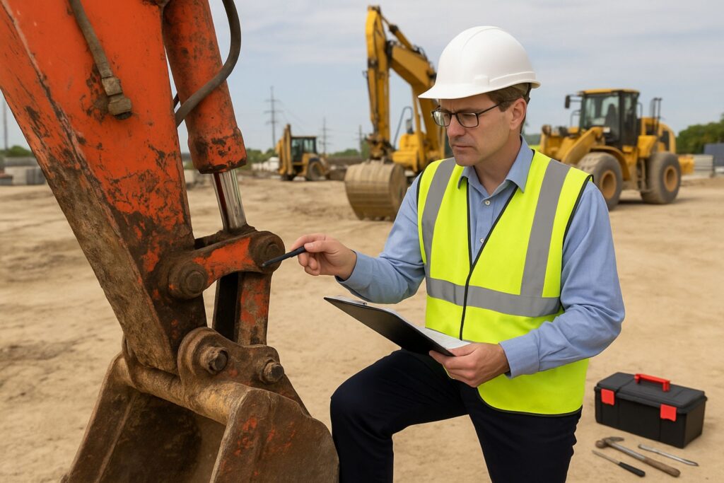 Forensic engineer performing damage evaluation on excavator during construction dispute