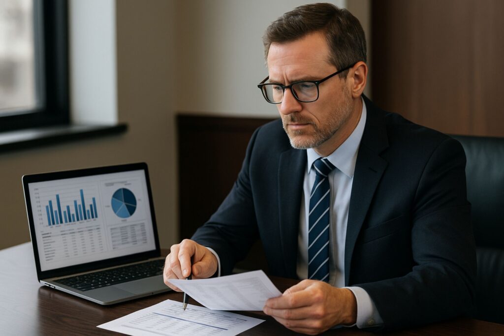 Construction expert analyzing digital take-off and cost accounting data for civil and underground projects