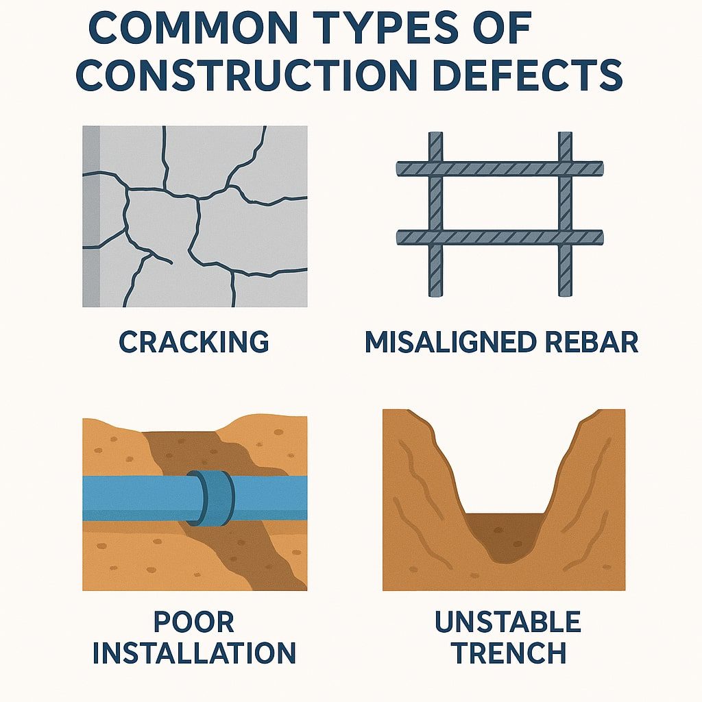 Examples of civil and underground construction defects including cracking and poor installation