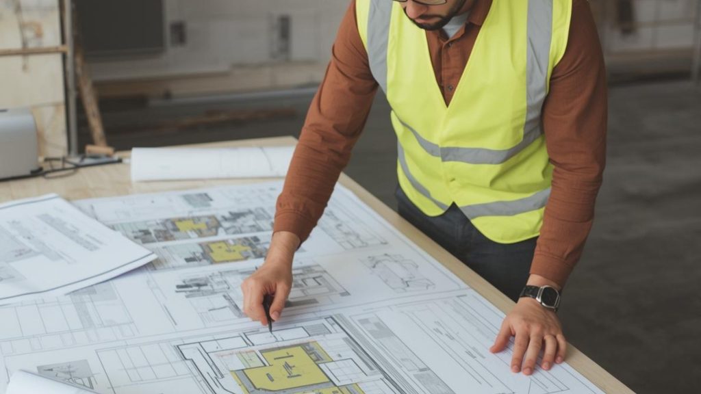 Construction expert witness reviewing project documents and site plans