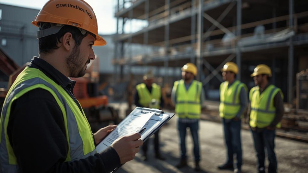 Construction site inspection evaluating PPE compliance and safety standards