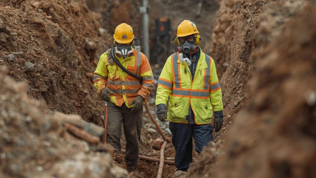 Underground construction crew wearing required PPE for trenching and utility work
