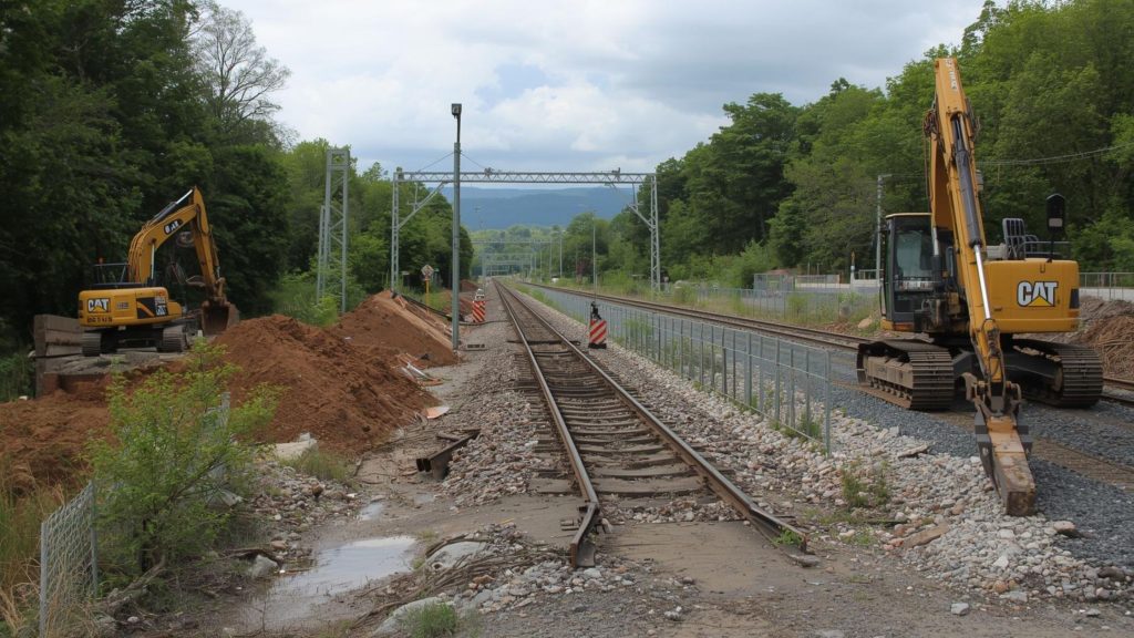 Excavator operating near railroad ballast during corridor construction project