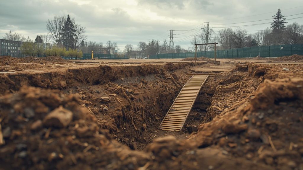 Underground utility construction slip and trip hazard near trench excavation