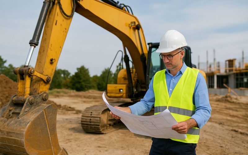 Competent person conducting heavy equipment site inspection for construction safety compliance.