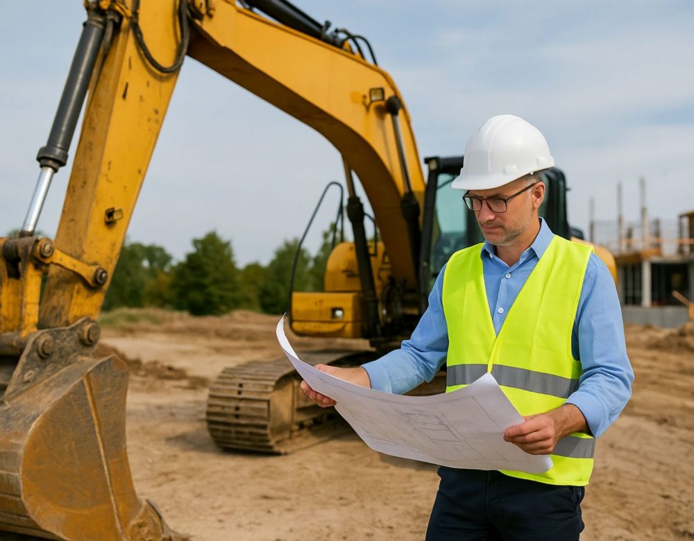 Competent person conducting heavy equipment site inspection for construction safety compliance.