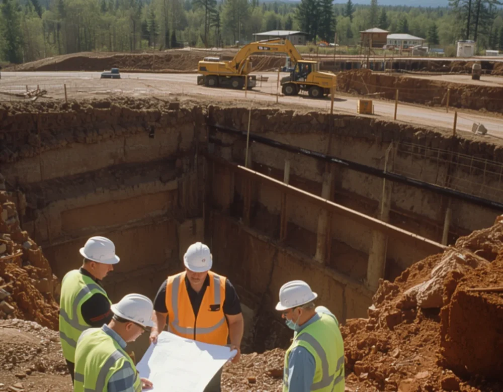 Construction engineers reviewing plans impacting liability on job site