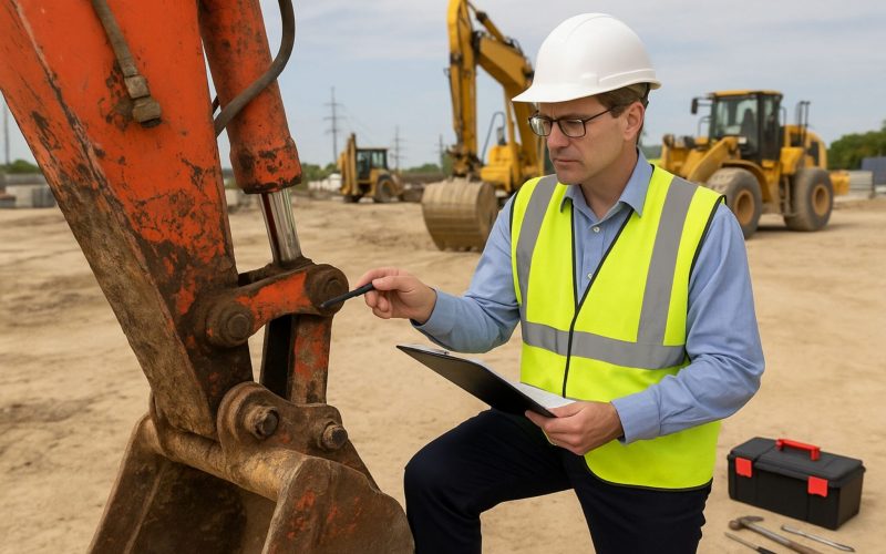 Forensic engineer performing damage evaluation on excavator during construction dispute