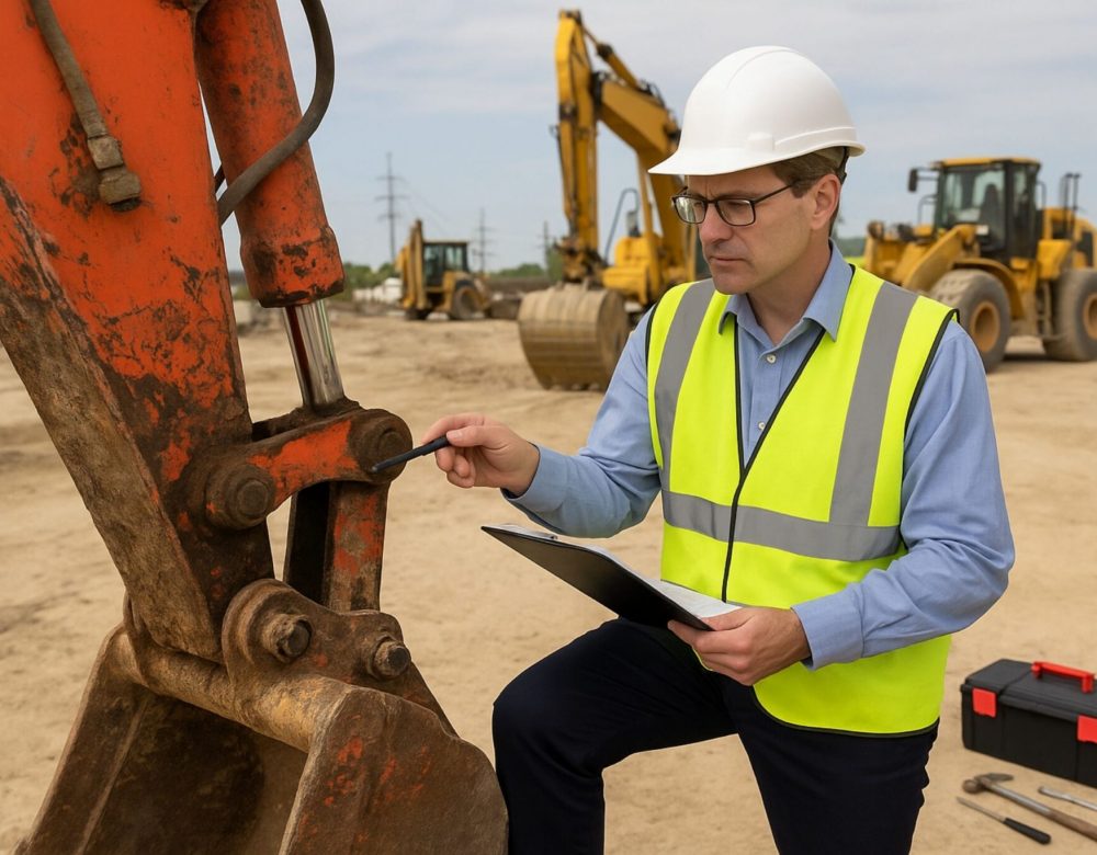 Forensic engineer performing damage evaluation on excavator during construction dispute