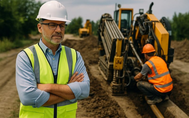 General contractor supervising trenchless construction site with drilling equipment