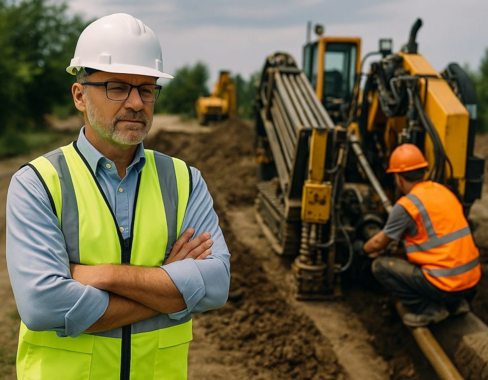 General contractor supervising trenchless construction site with drilling equipment