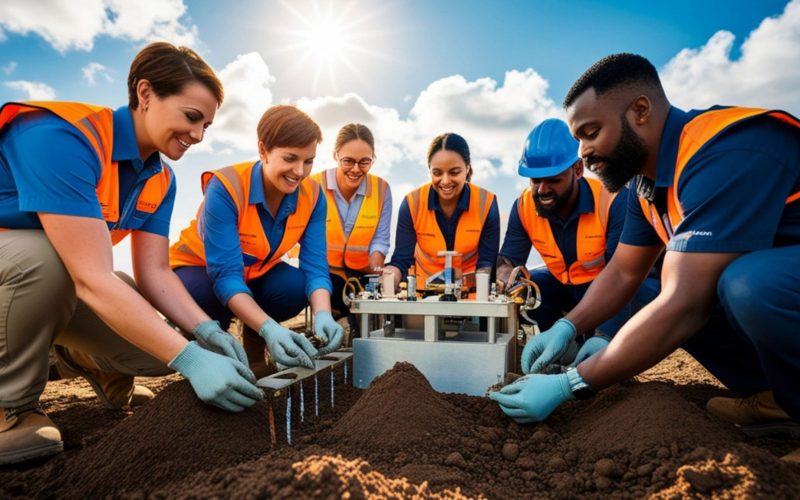 Geotechnical engineering in construction with soil investigation and drilling at a job site