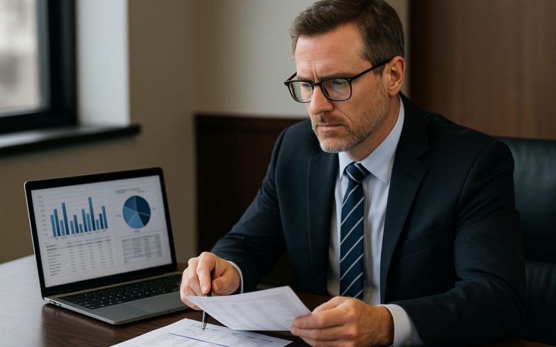 Construction expert analyzing digital take-off and cost accounting data for civil and underground projects