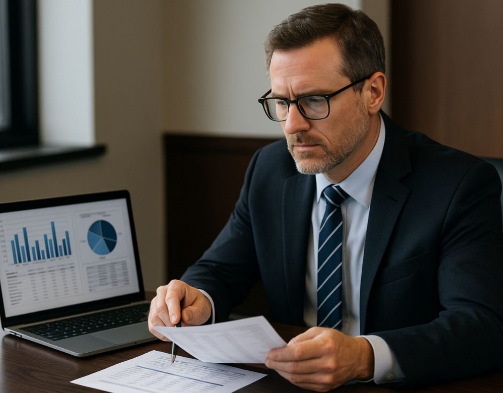 Construction expert analyzing digital take-off and cost accounting data for civil and underground projects