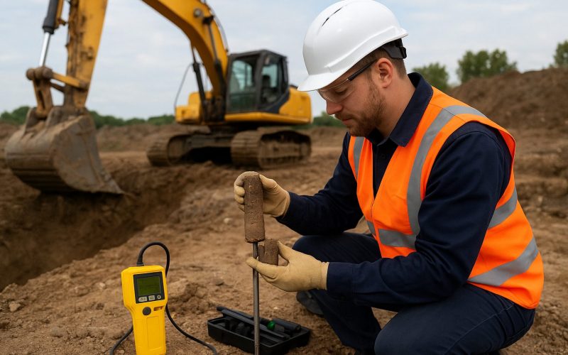 Geotechnical engineer performing soil analysis at a construction site for Discovery Experts