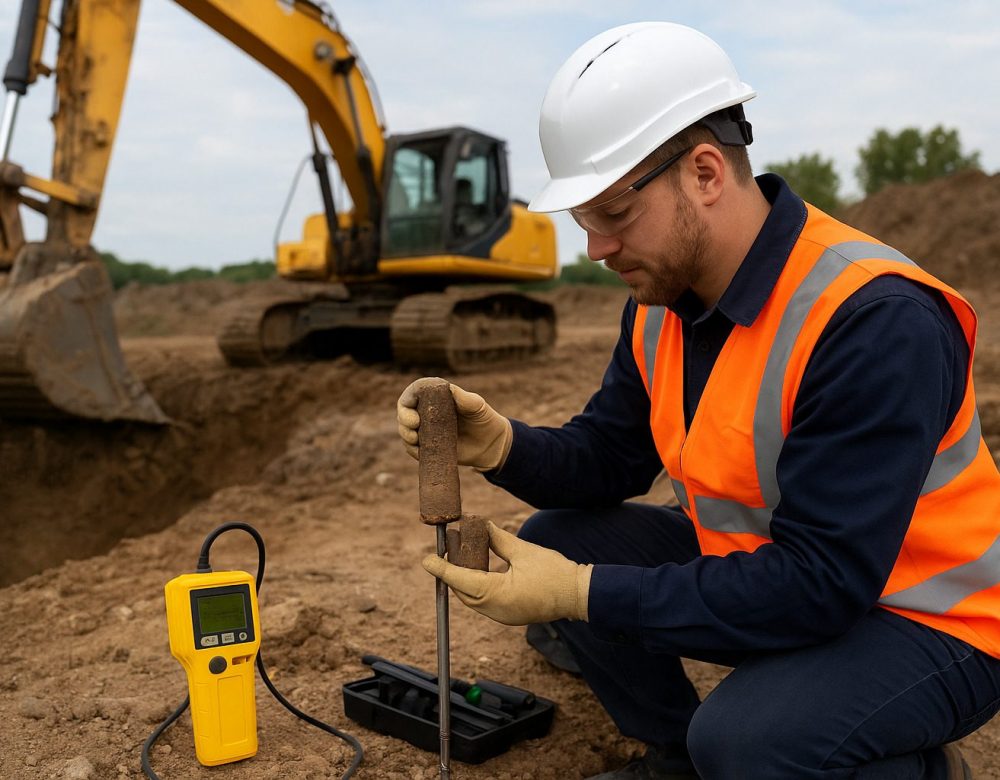 Geotechnical engineer performing soil analysis at a construction site for Discovery Experts